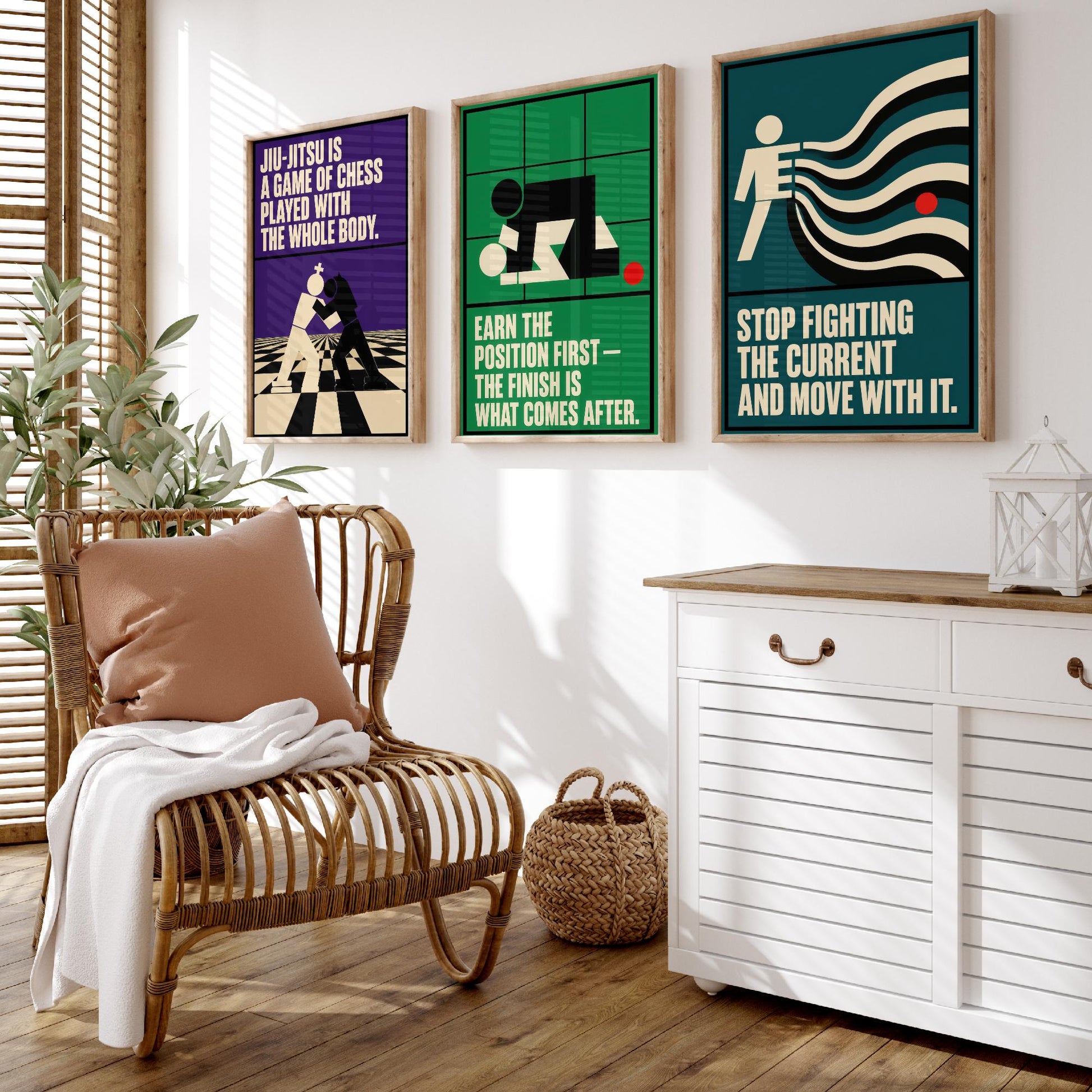 Jiu Jitsu Quotes Set of Three Art Prints - 3 Retro Bauhaus BJJ Posters - Minimalist Martial Arts Wall Art Illustration V2