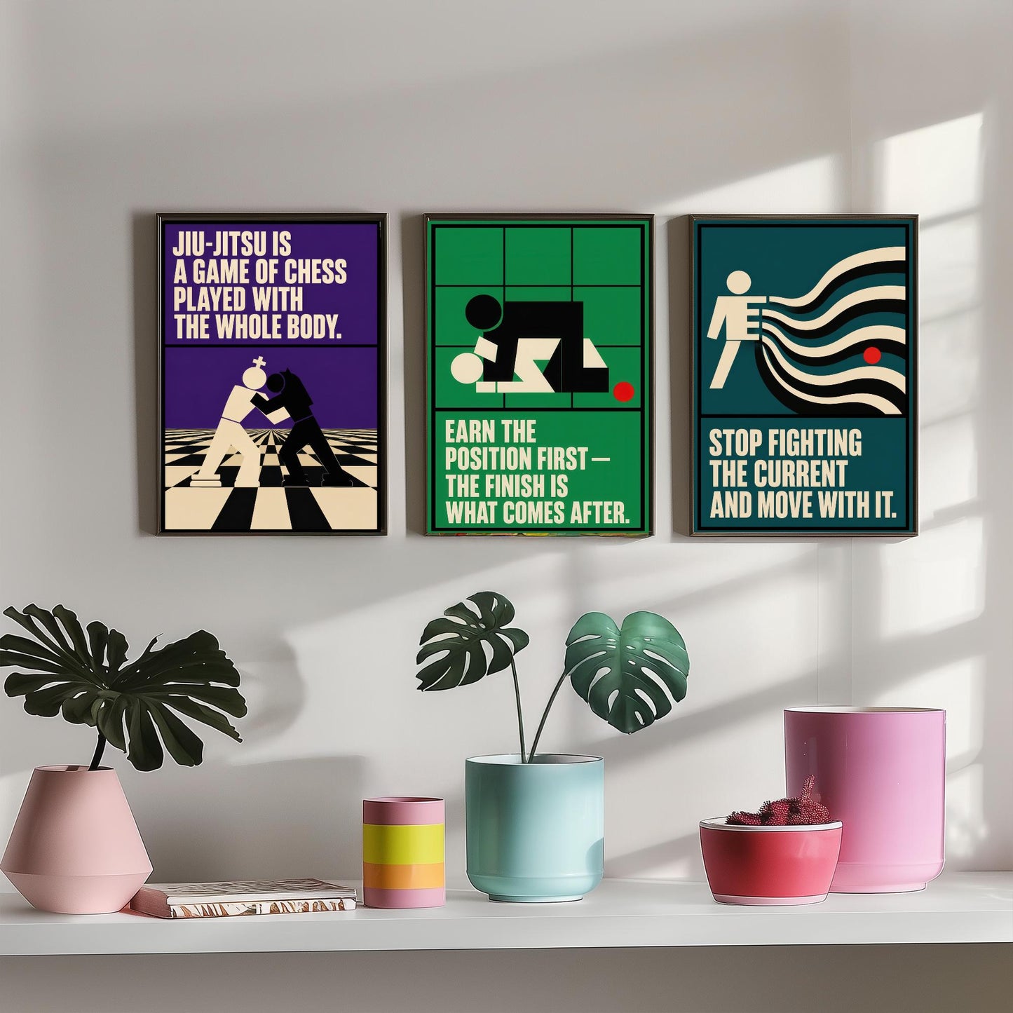 Jiu Jitsu Quotes Set of Three Art Prints - 3 Retro Bauhaus BJJ Posters - Minimalist Martial Arts Wall Art Illustration V2