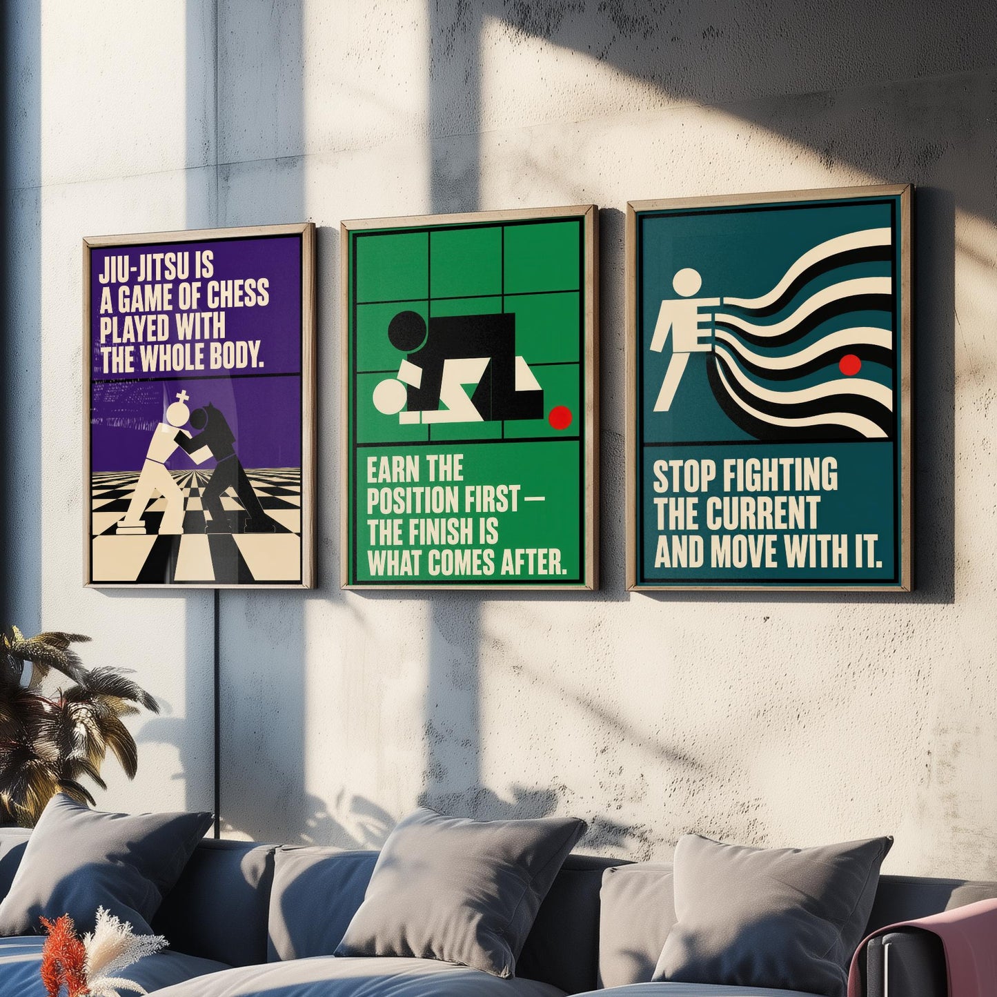 Jiu Jitsu Quotes Set of Three Art Prints - 3 Retro Bauhaus BJJ Posters - Minimalist Martial Arts Wall Art Illustration V2