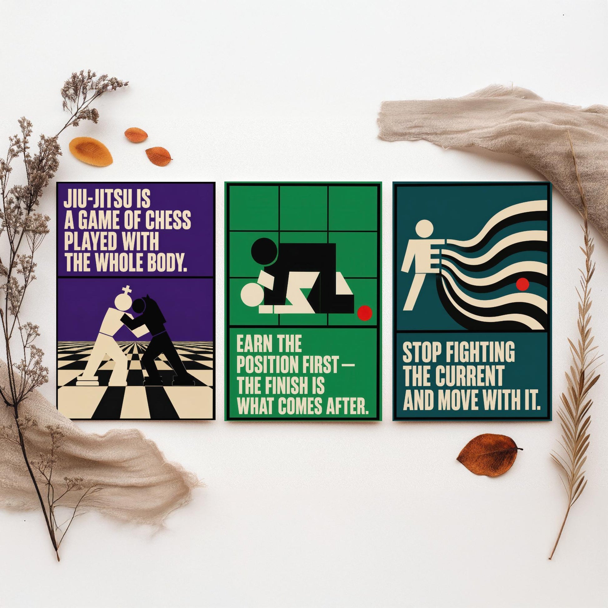 Jiu Jitsu Quotes Set of Three Art Prints - 3 Retro Bauhaus BJJ Posters - Minimalist Martial Arts Wall Art Illustration V2