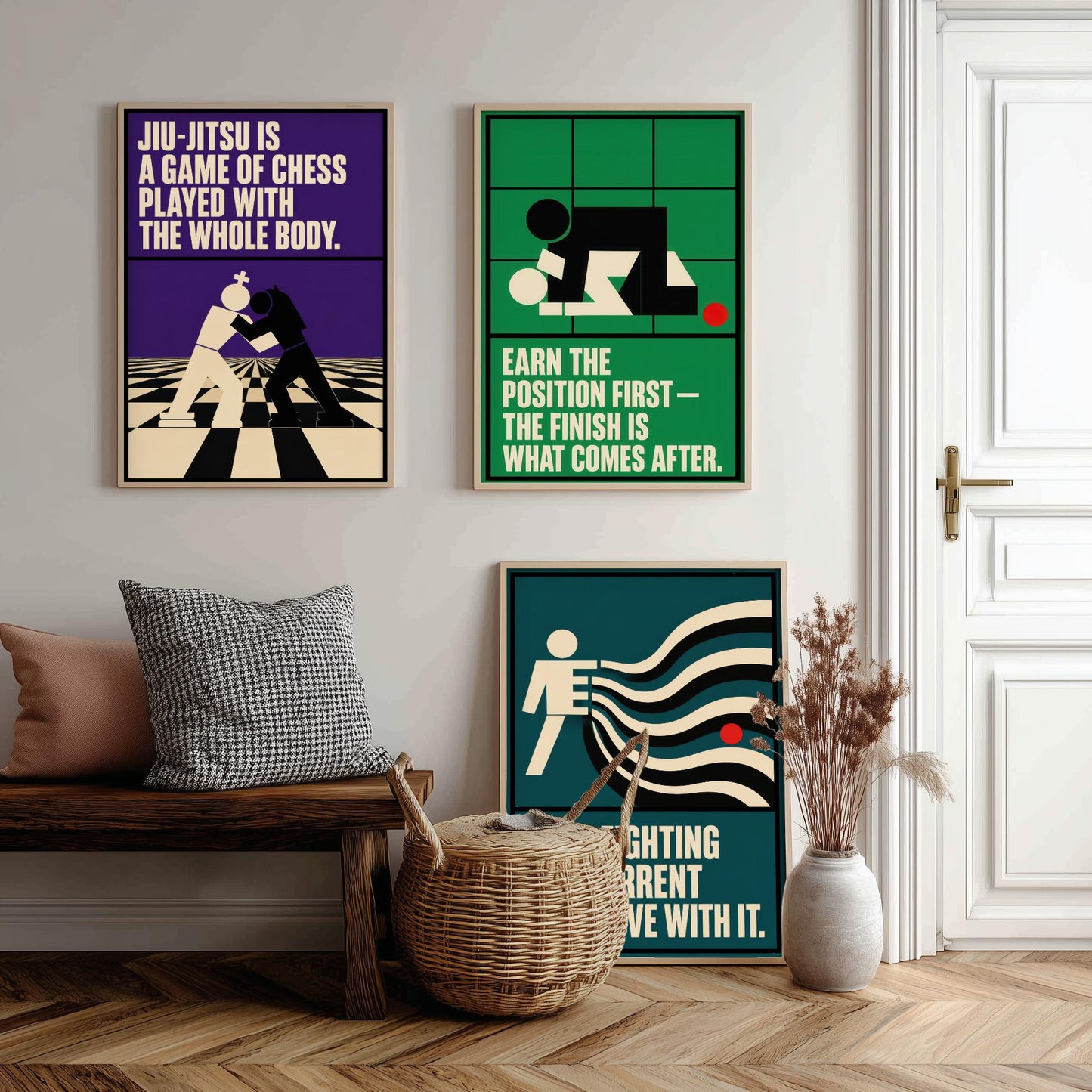 Jiu Jitsu Quotes Set of Three Art Prints - 3 Retro Bauhaus BJJ Posters - Minimalist Martial Arts Wall Art Illustration V2