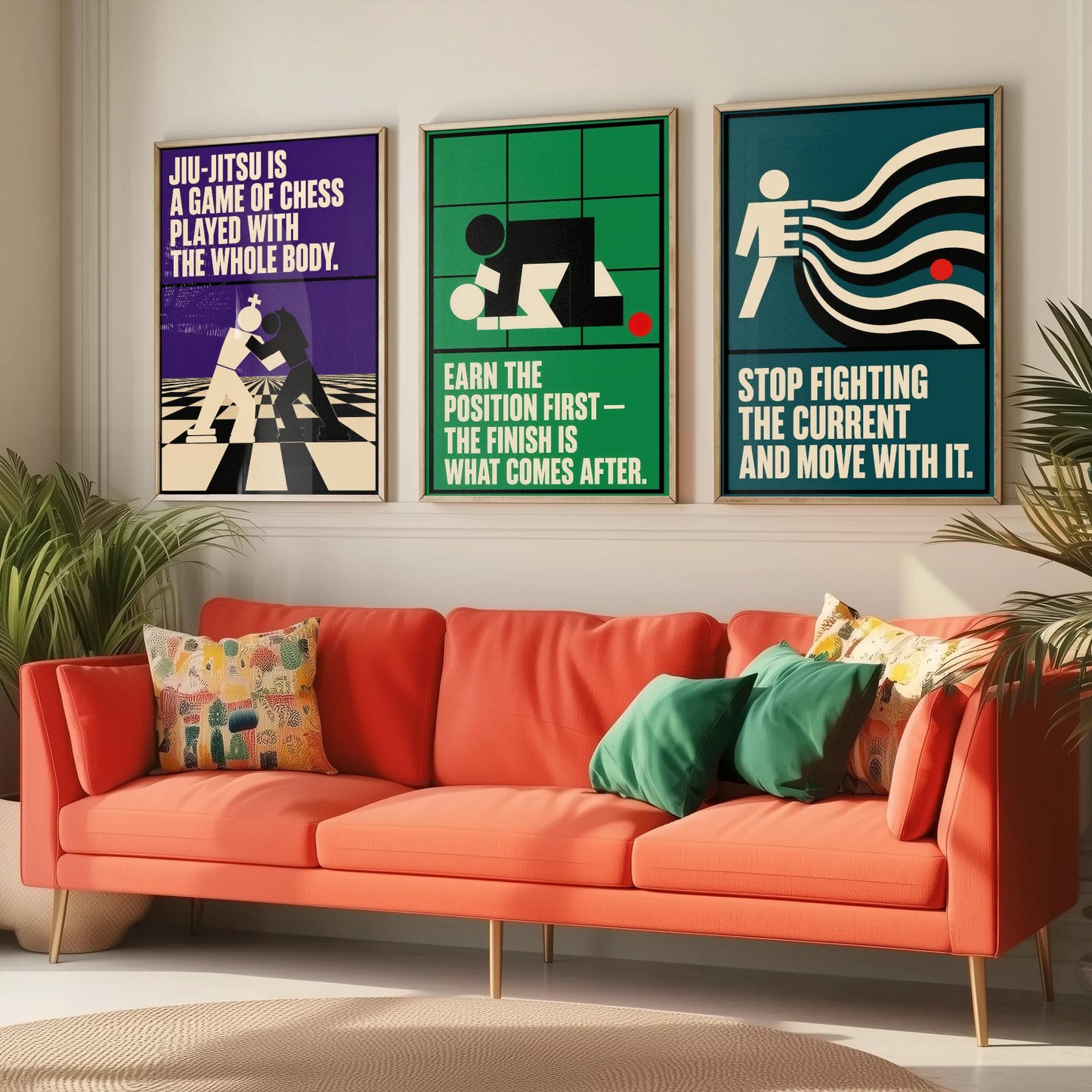 Jiu Jitsu Quotes Set of Three Art Prints - 3 Retro Bauhaus BJJ Posters - Minimalist Martial Arts Wall Art Illustration V2