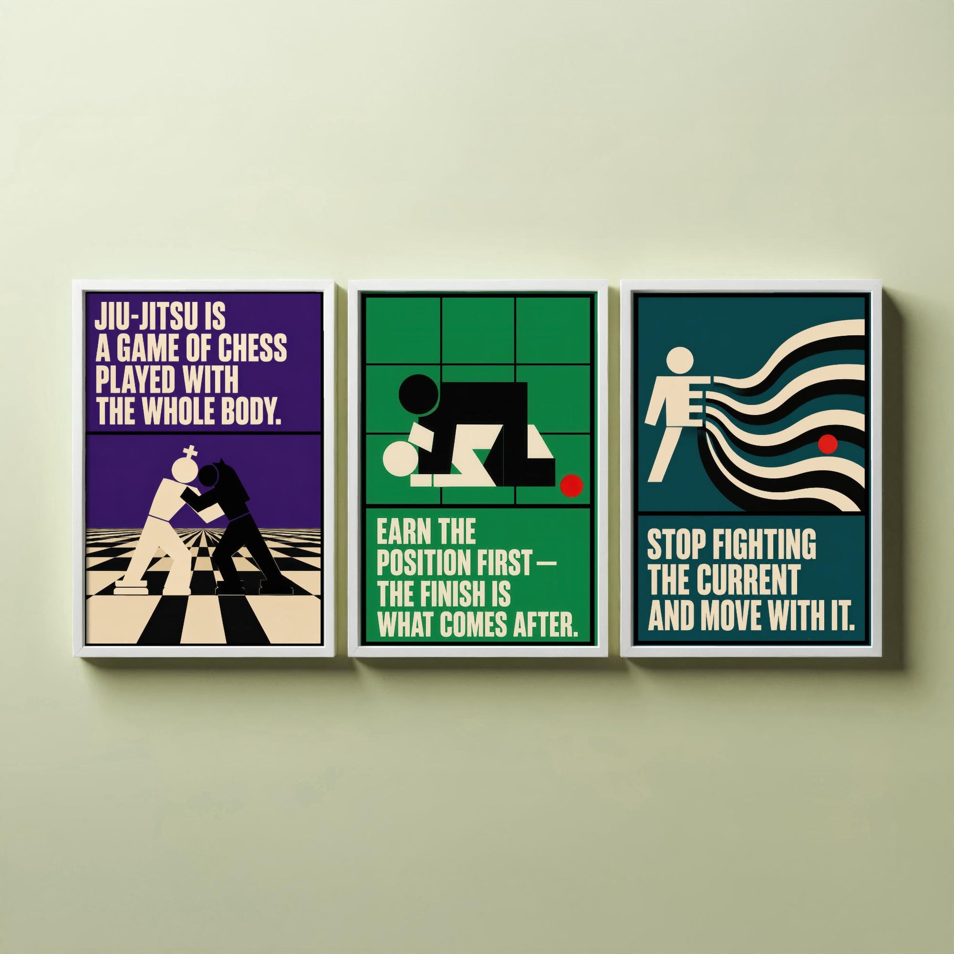 Jiu Jitsu Quotes Set of Three Art Prints - 3 Retro Bauhaus BJJ Posters - Minimalist Martial Arts Wall Art Illustration V2