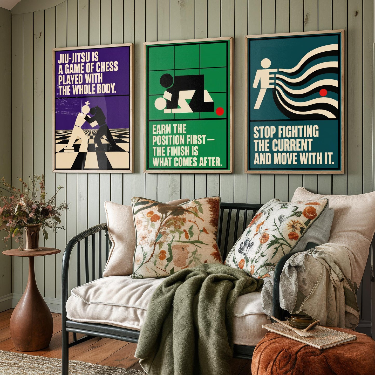 Jiu Jitsu Quotes Set of Three Art Prints - 3 Retro Bauhaus BJJ Posters - Minimalist Martial Arts Wall Art Illustration V2