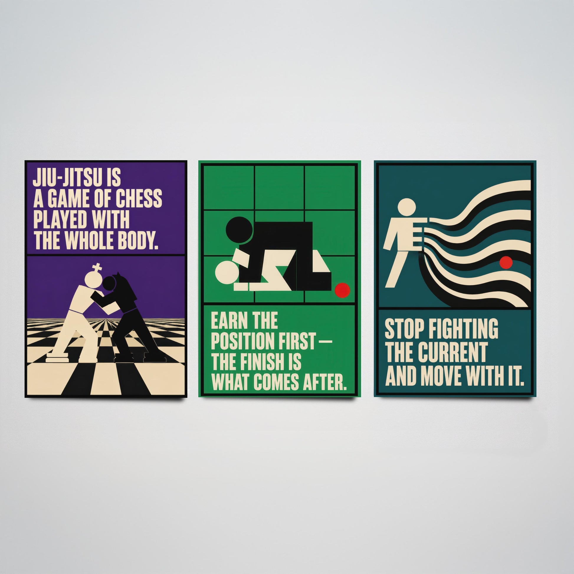 Jiu Jitsu Quotes Set of Three Art Prints - 3 Retro Bauhaus BJJ Posters - Minimalist Martial Arts Wall Art Illustration V2