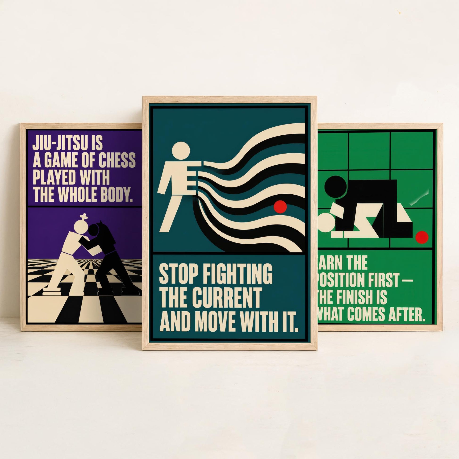 Jiu Jitsu Quotes Set of Three Art Prints - 3 Retro Bauhaus BJJ Posters - Minimalist Martial Arts Wall Art Illustration V2