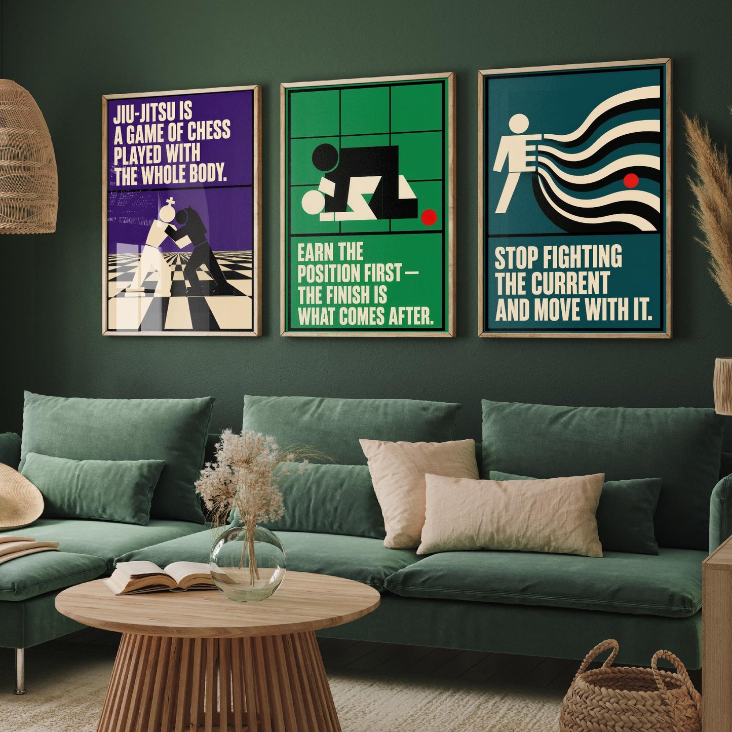 Jiu Jitsu Quotes Set of Three Art Prints - 3 Retro Bauhaus BJJ Posters - Minimalist Martial Arts Wall Art Illustration V2
