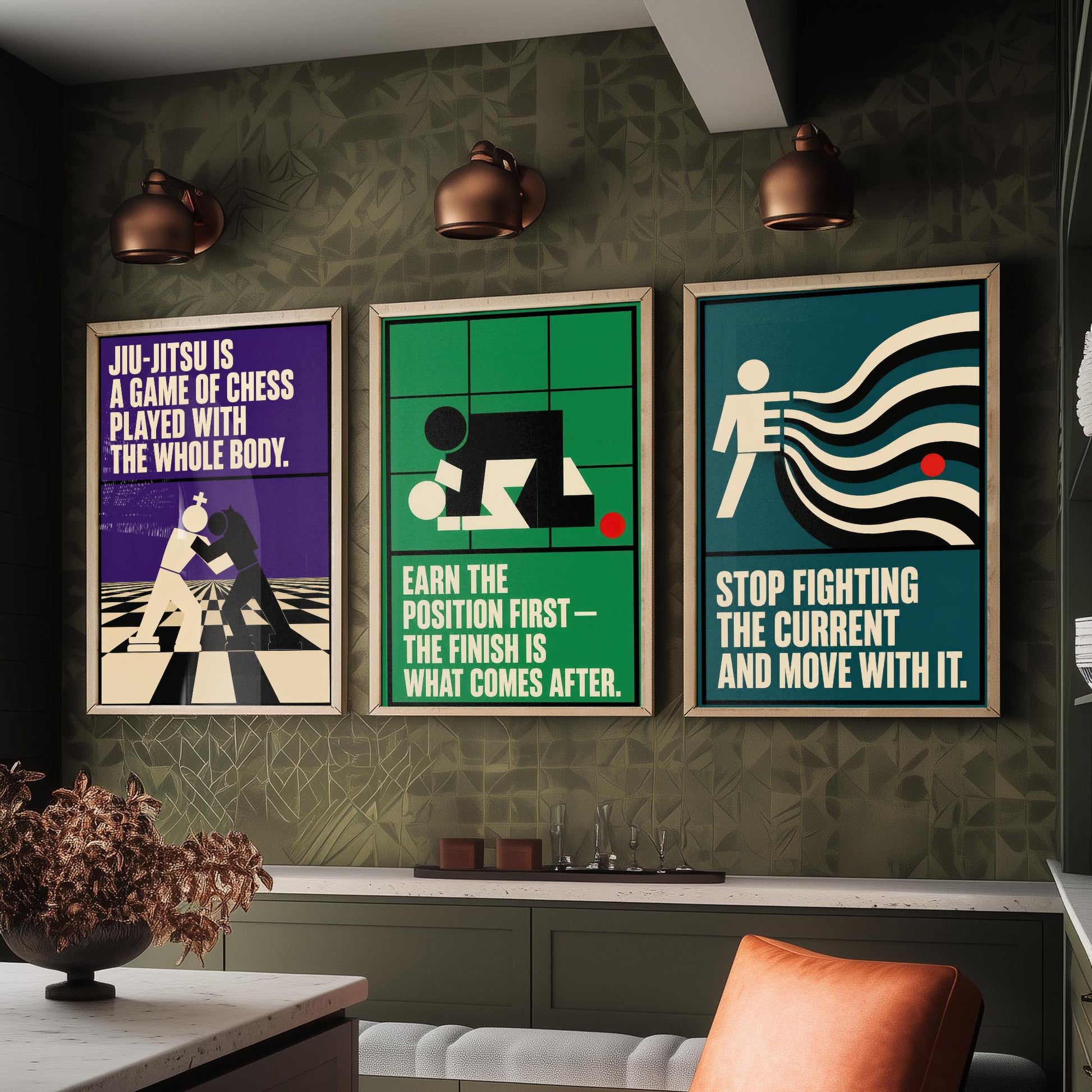 Jiu Jitsu Quotes Set of Three Art Prints - 3 Retro Bauhaus BJJ Posters - Minimalist Martial Arts Wall Art Illustration V2