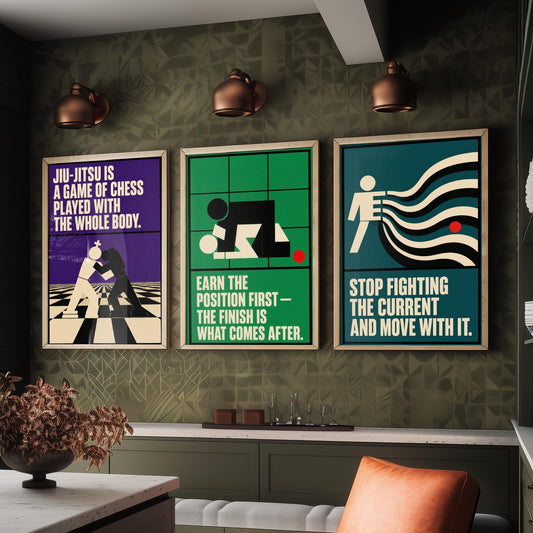 Jiu Jitsu Quotes Set of Three Art Prints - 3 Retro Bauhaus BJJ Posters - Minimalist Martial Arts Wall Art Illustration V2
