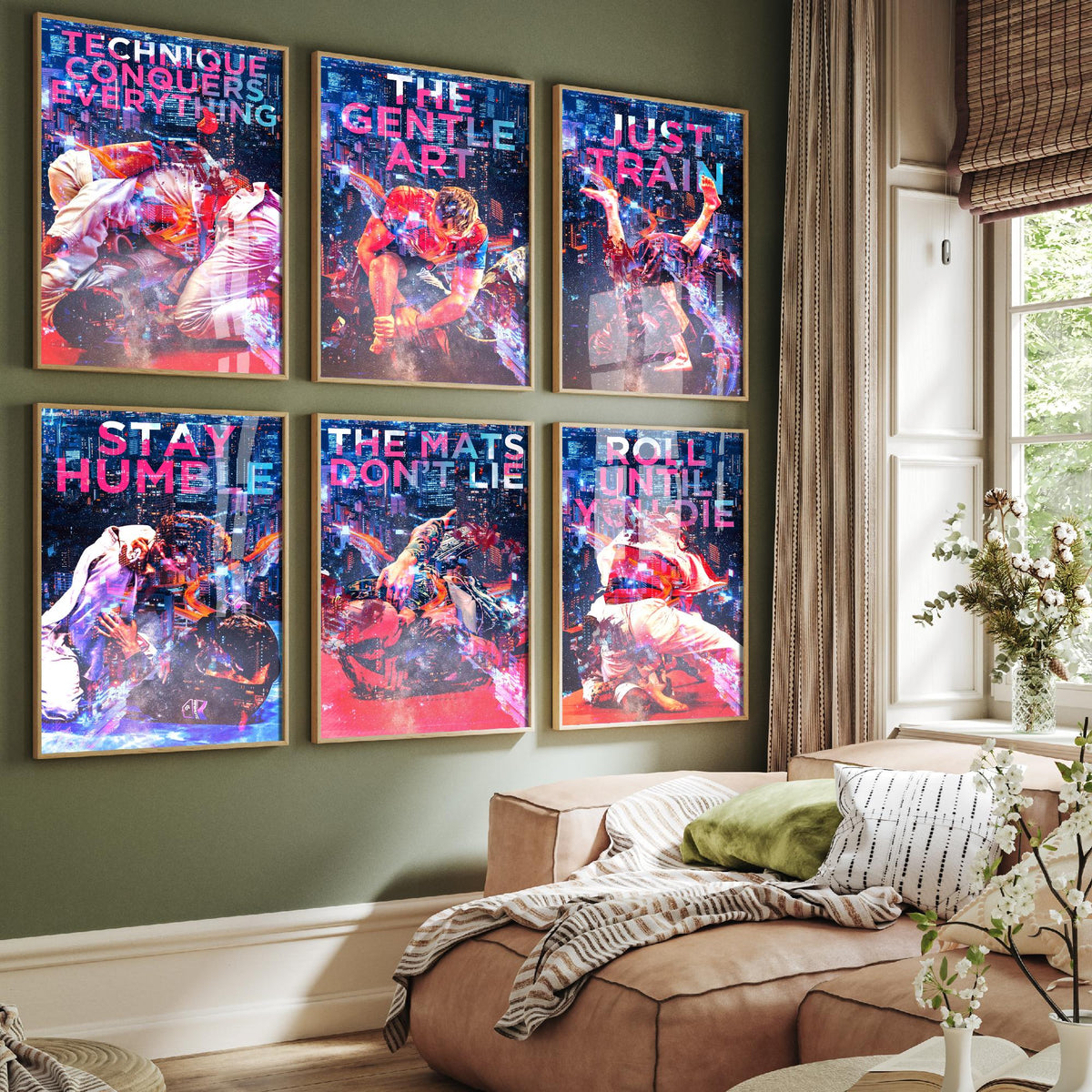 Set of Six Jiu Jitsu Motivational Art Prints - 6 Neon BJJ Quote Posters - Grappling Photo Collage - Technique Conquers Everything