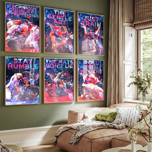 Set of Six Jiu Jitsu Motivational Art Prints - 6 Neon BJJ Quote Posters - Grappling Photo Collage - Technique Conquers Everything