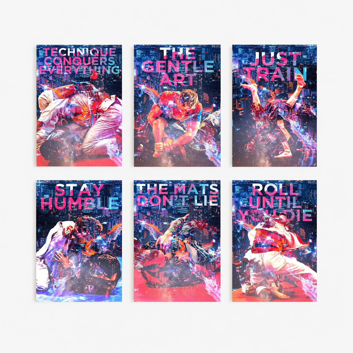Set of Six Jiu Jitsu Motivational Art Prints - 6 Neon BJJ Quote Posters - Grappling Photo Collage - Technique Conquers Everything