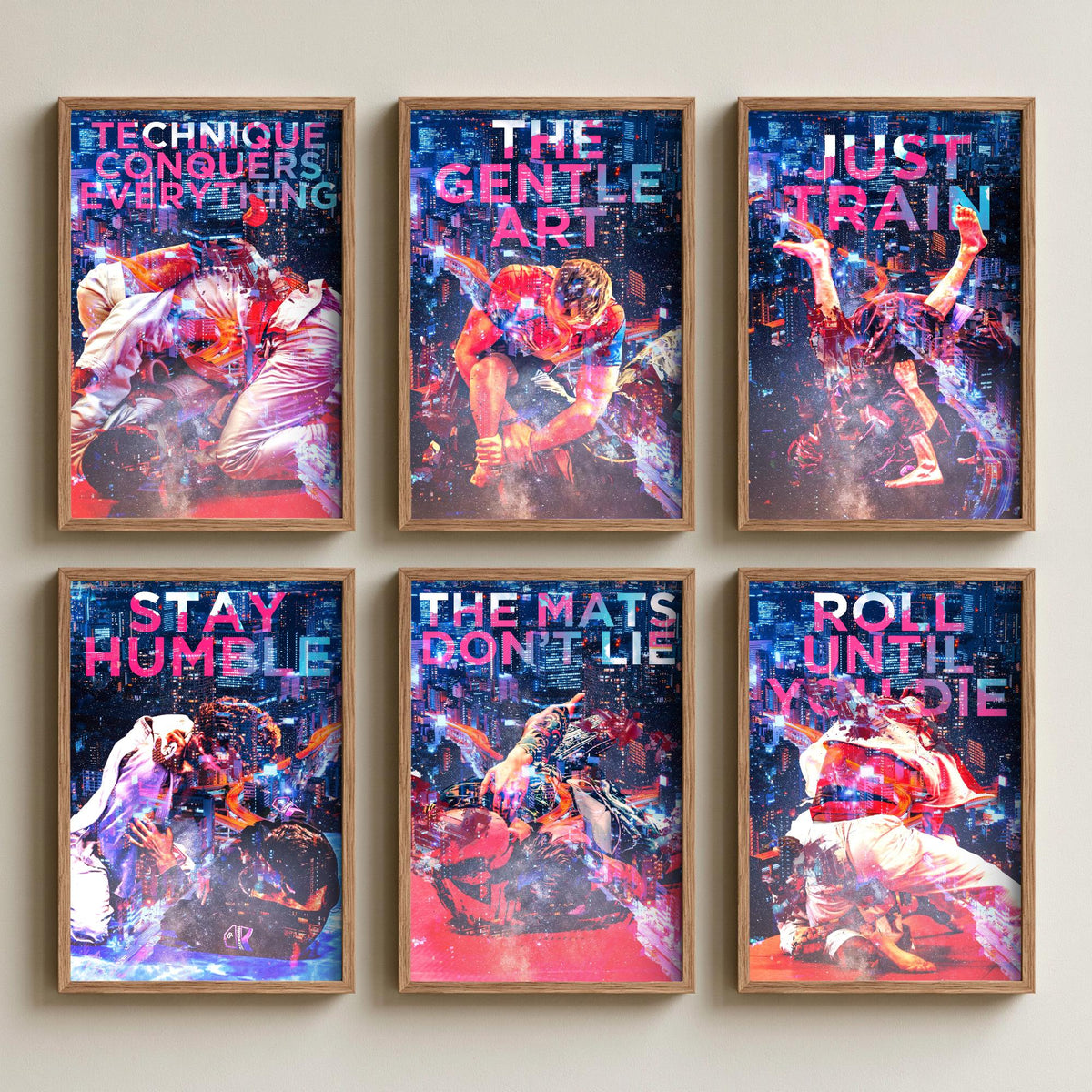 Set of Six Jiu Jitsu Motivational Art Prints - 6 Neon BJJ Quote Posters - Grappling Photo Collage - Technique Conquers Everything