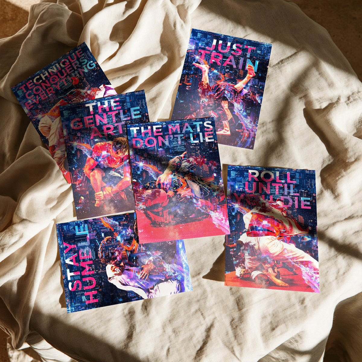 Set of Six Jiu Jitsu Motivational Art Prints - 6 Neon BJJ Quote Posters - Grappling Photo Collage - Technique Conquers Everything