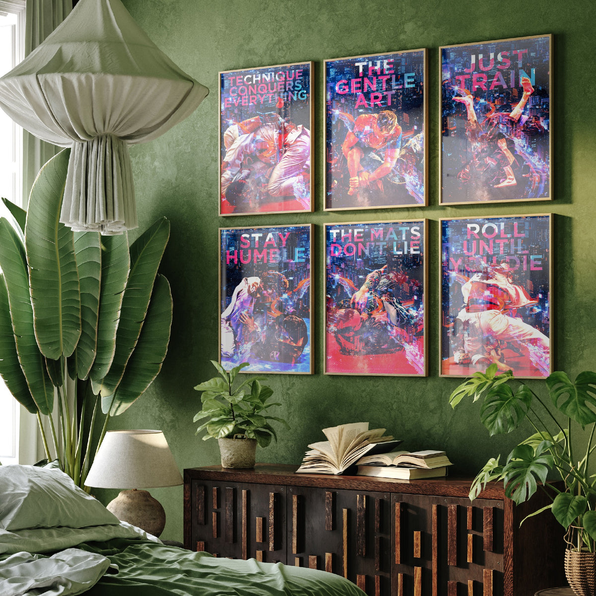 Set of Six Jiu Jitsu Motivational Art Prints - 6 Neon BJJ Quote Posters - Grappling Photo Collage - Technique Conquers Everything
