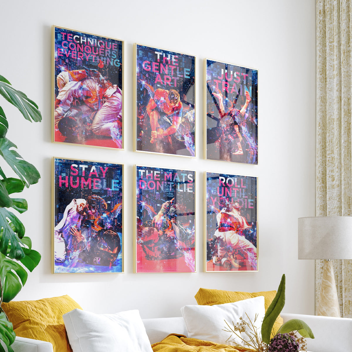 Set of Six Jiu Jitsu Motivational Art Prints - 6 Neon BJJ Quote Posters - Grappling Photo Collage - Technique Conquers Everything