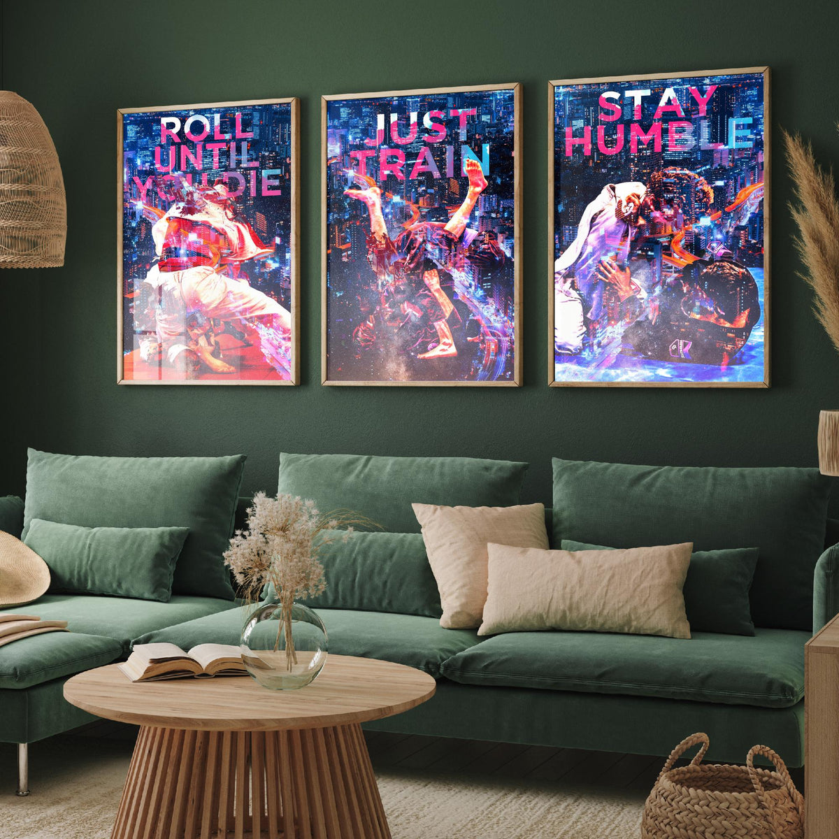 Jiu Jitsu Motivation Set of Three Art Prints - Roll Until You Die, Just Train, Stay Humble - Neon Illustration Poster