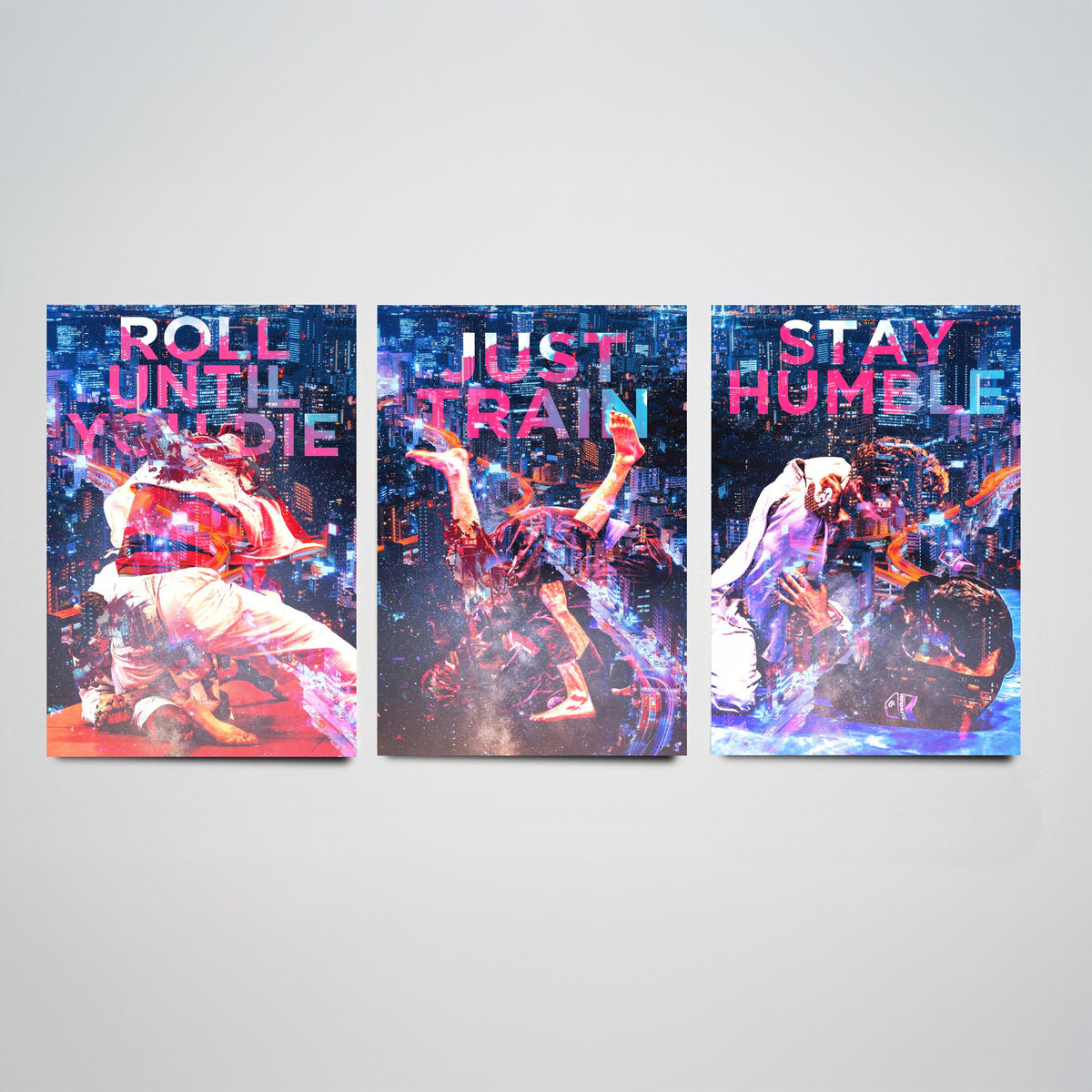 Jiu Jitsu Motivation Set of Three Art Prints - Roll Until You Die, Just Train, Stay Humble - Neon Illustration Poster