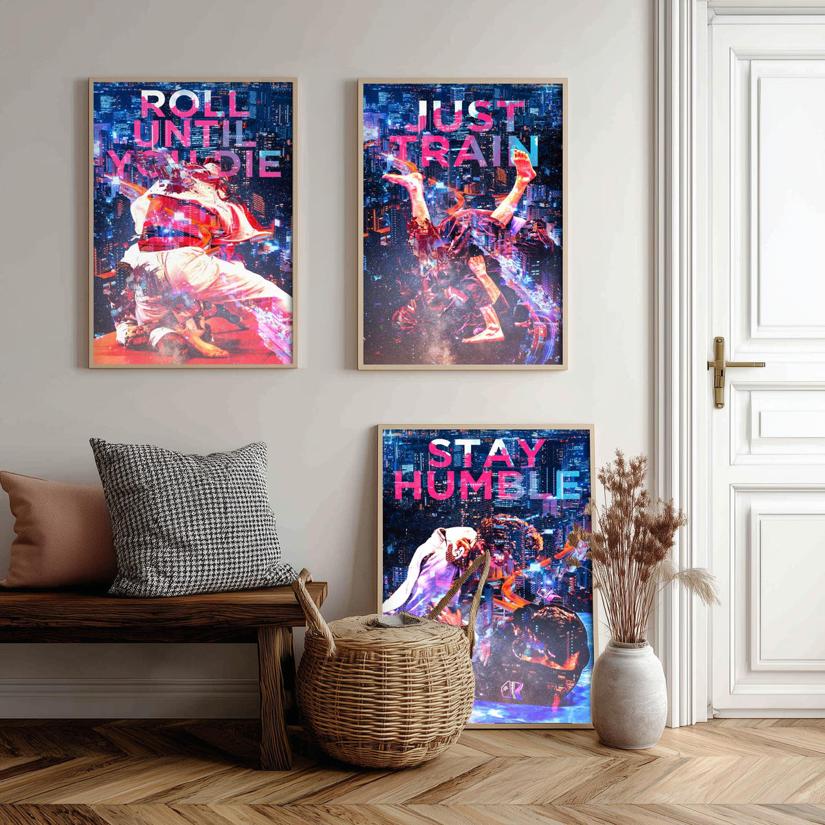 Jiu Jitsu Motivation Set of Three Art Prints - Roll Until You Die, Just Train, Stay Humble - Neon Illustration Poster