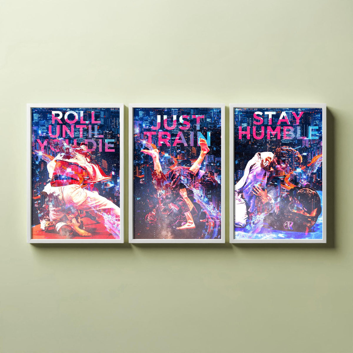Jiu Jitsu Motivation Set of Three Art Prints - Roll Until You Die, Just Train, Stay Humble - Neon Illustration Poster