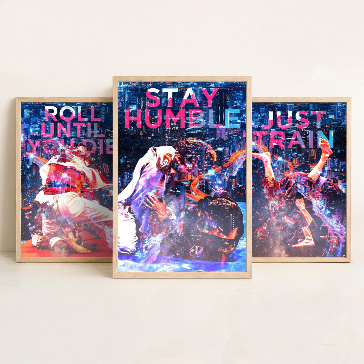 Jiu Jitsu Motivation Set of Three Art Prints - Roll Until You Die, Just Train, Stay Humble - Neon Illustration Poster