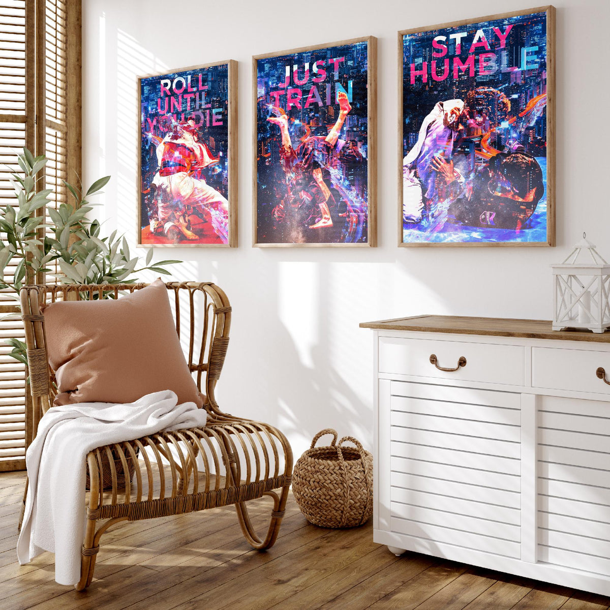 Jiu Jitsu Motivation Set of Three Art Prints - Roll Until You Die, Just Train, Stay Humble - Neon Illustration Poster