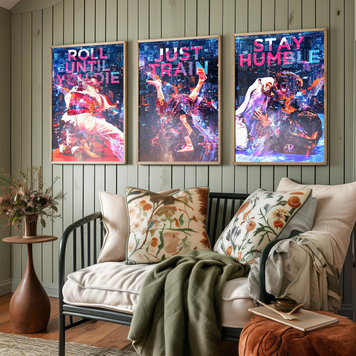 Jiu Jitsu Motivation Set of Three Art Prints - Roll Until You Die, Just Train, Stay Humble - Neon Illustration Poster