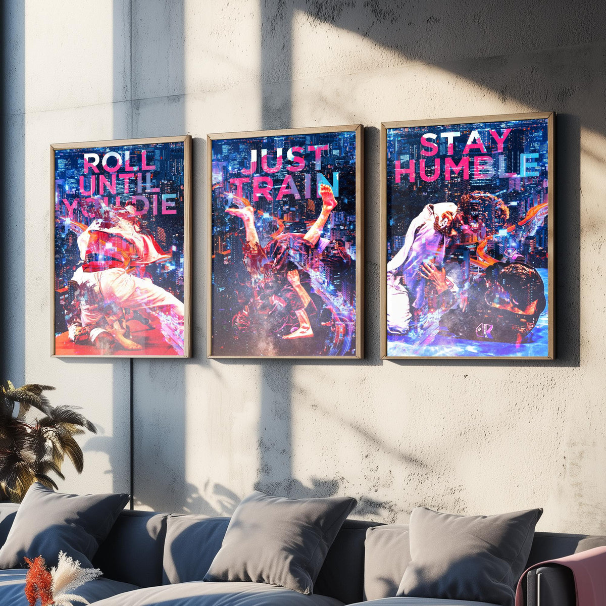 Jiu Jitsu Motivation Set of Three Art Prints - Roll Until You Die, Just Train, Stay Humble - Neon Illustration Poster