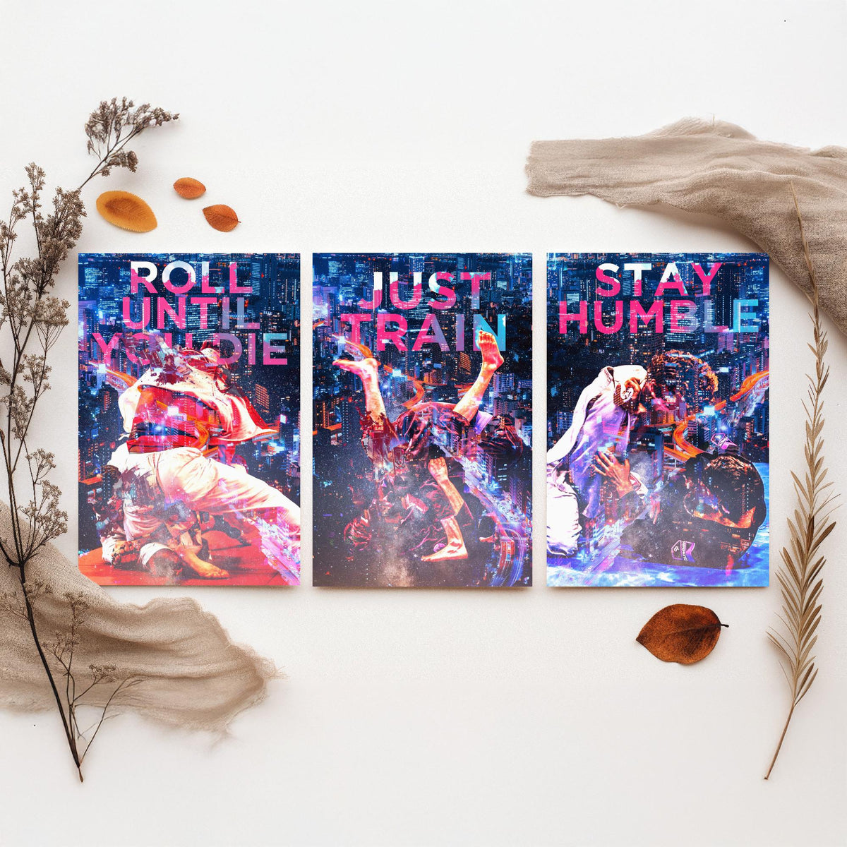 Jiu Jitsu Motivation Set of Three Art Prints - Roll Until You Die, Just Train, Stay Humble - Neon Illustration Poster