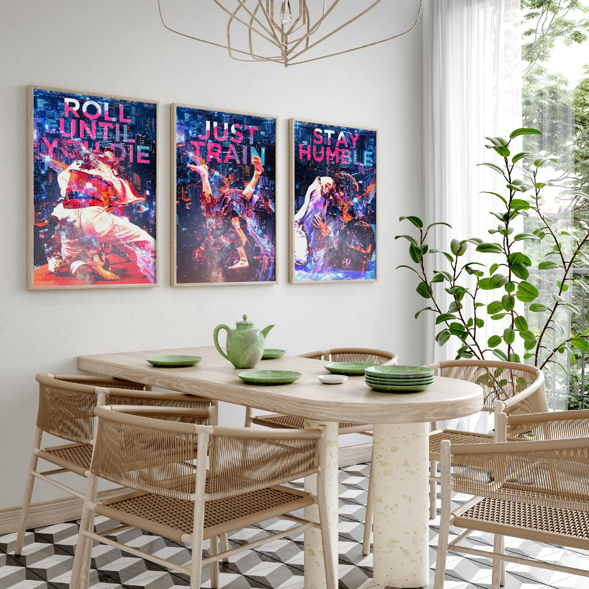 Jiu Jitsu Motivation Set of Three Art Prints - Roll Until You Die, Just Train, Stay Humble - Neon Illustration Poster