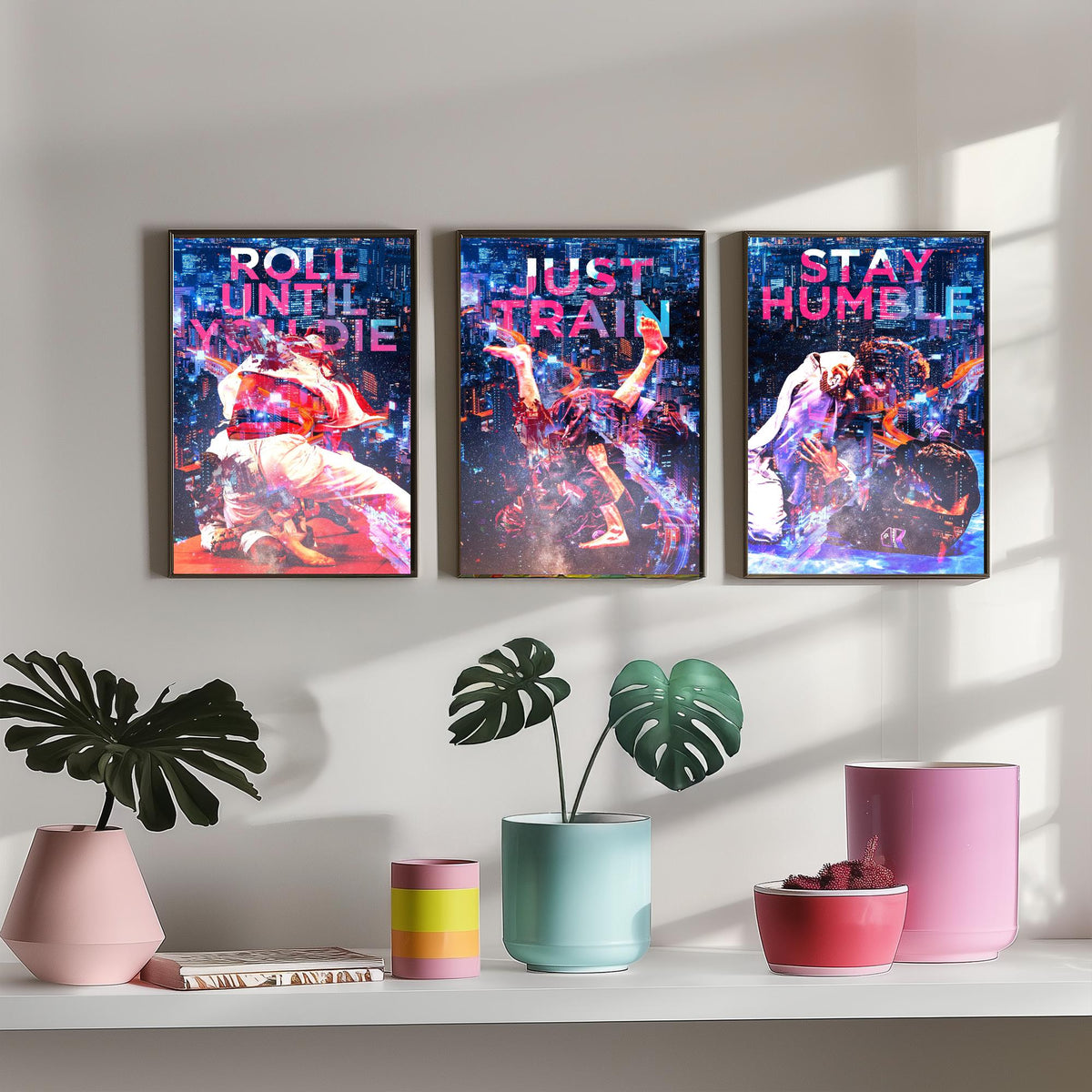 Jiu Jitsu Motivation Set of Three Art Prints - Roll Until You Die, Just Train, Stay Humble - Neon Illustration Poster