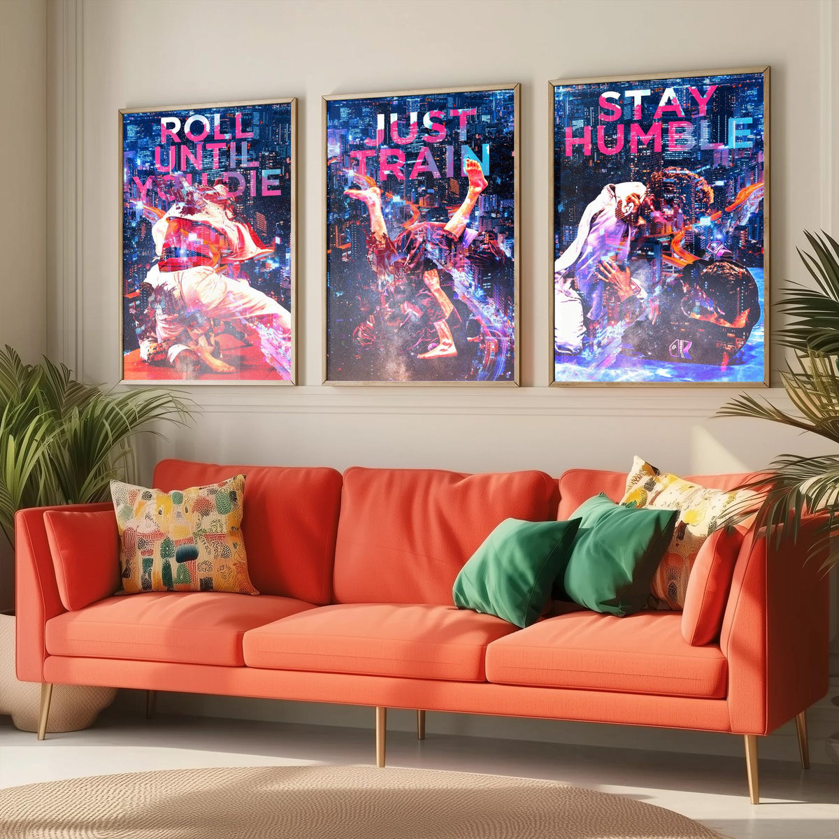 Jiu Jitsu Motivation Set of Three Art Prints - Roll Until You Die, Just Train, Stay Humble - Neon Illustration Poster