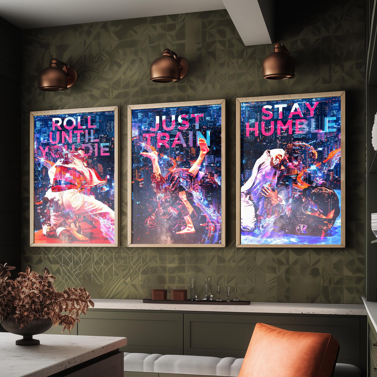 Jiu Jitsu Motivation Set of Three Art Prints - Roll Until You Die, Just Train, Stay Humble - Neon Illustration Poster