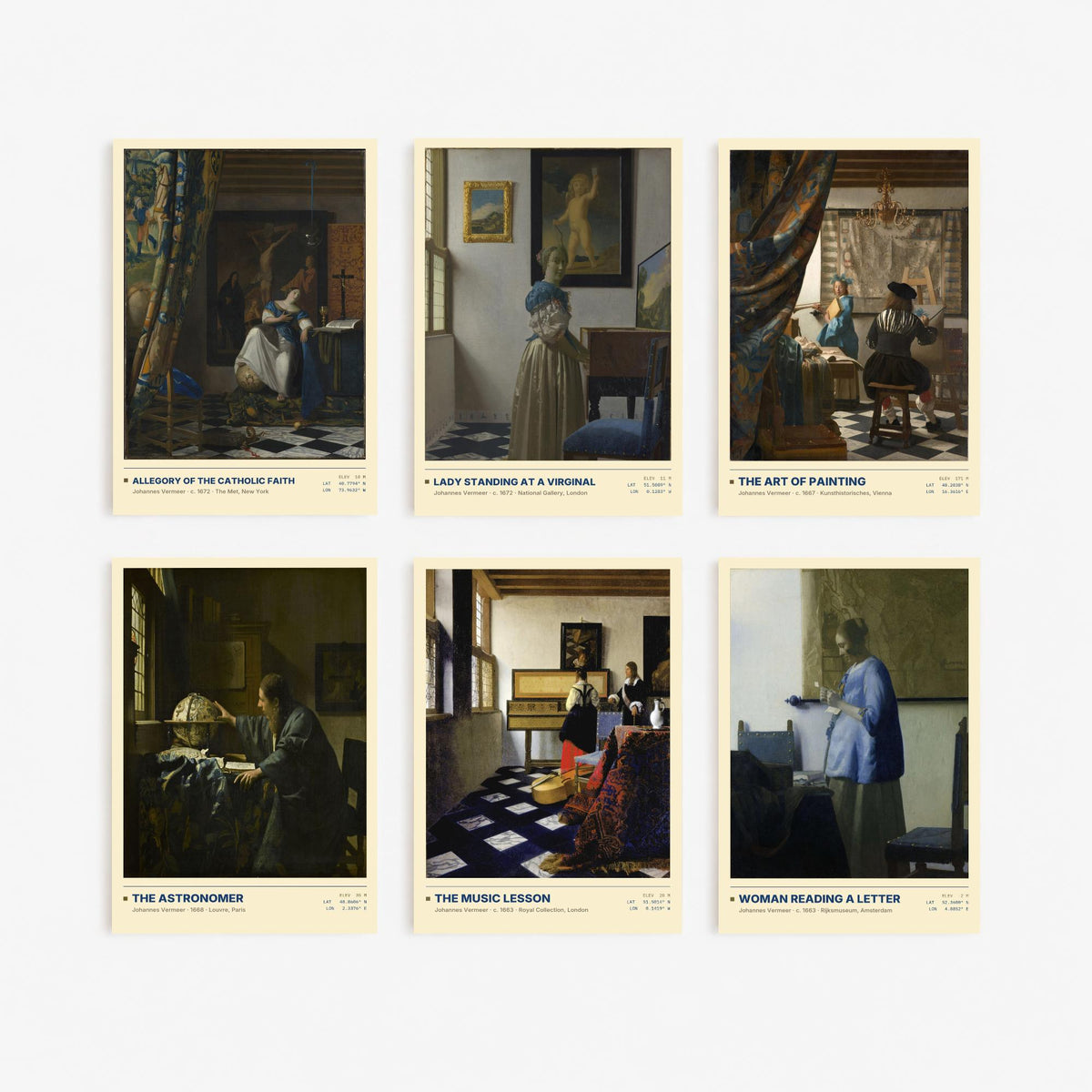 Set of Six Johannes Vermeer Paintings - 6 Dutch Golden Age Art Prints - The Astronomer, The Art of Painting, The Music Lesson Poster Set