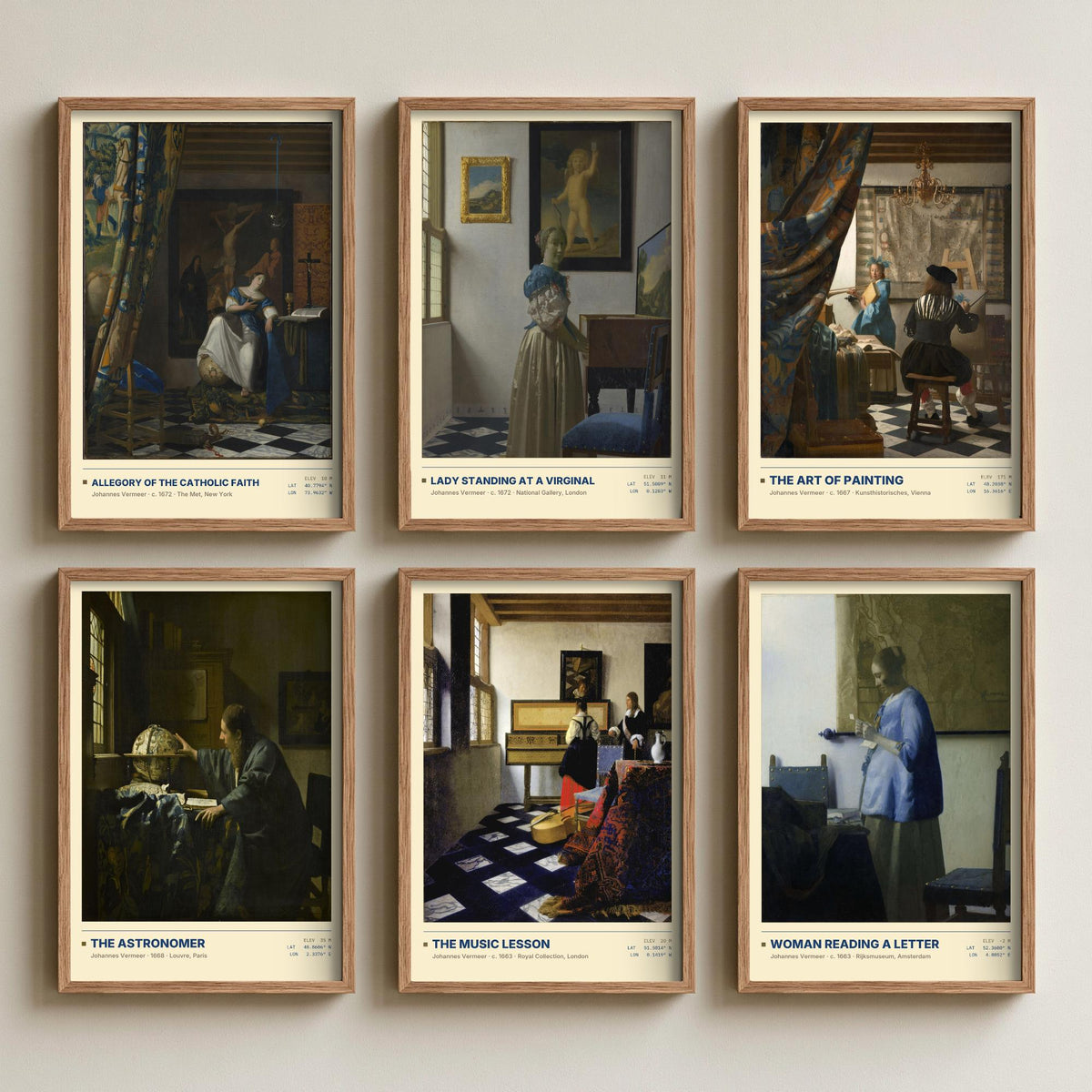 Set of Six Johannes Vermeer Paintings - 6 Dutch Golden Age Art Prints - The Astronomer, The Art of Painting, The Music Lesson Poster Set