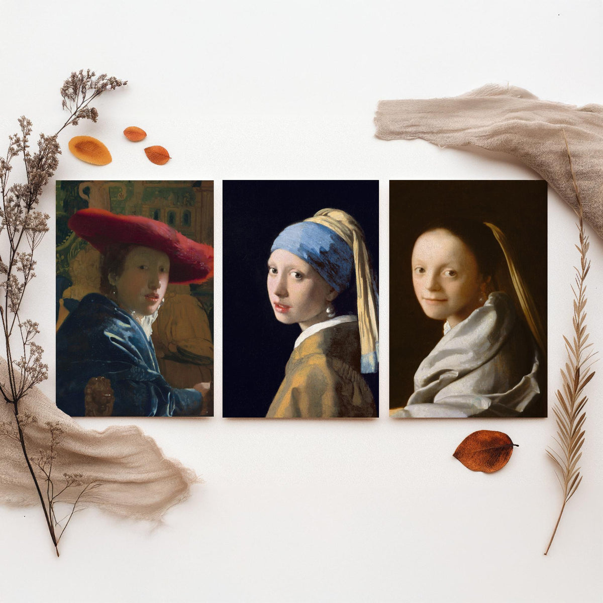 Johannes Vermeer Set of Three Art Prints - Girl with a Pearl Earring, Girl with a Red Hat, Study of a Young Woman - Painting Poster