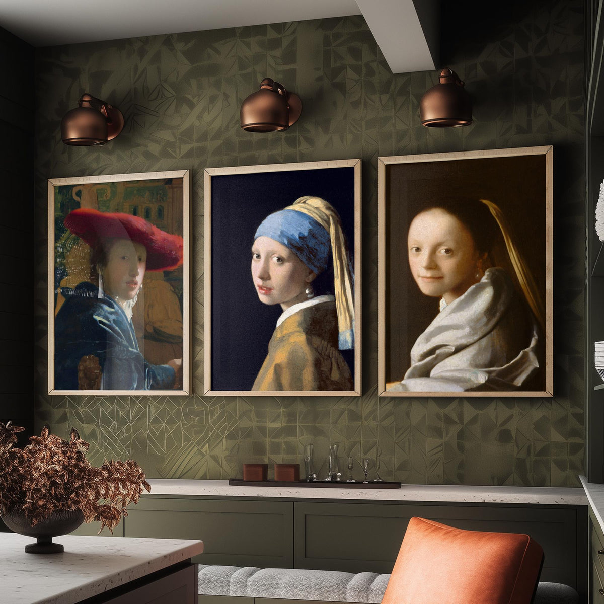 Johannes Vermeer Set of Three Art Prints - Girl with a Pearl Earring, Girl with a Red Hat, Study of a Young Woman - Painting Poster