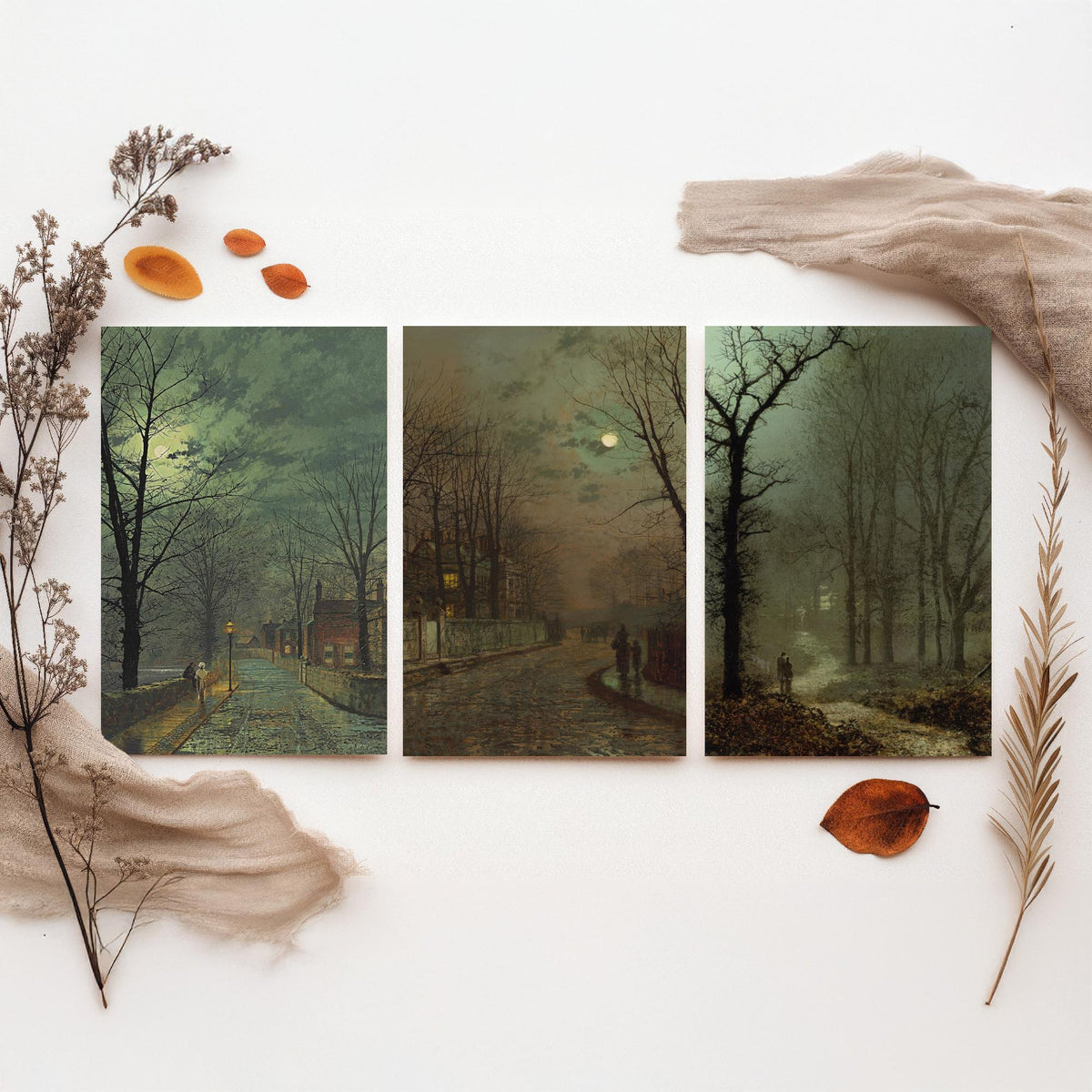John Atkinson Grimshaw Set of Three Art Prints - Moonlit Lanes and Autumn Avenues - Victorian Nocturne Painting Poster