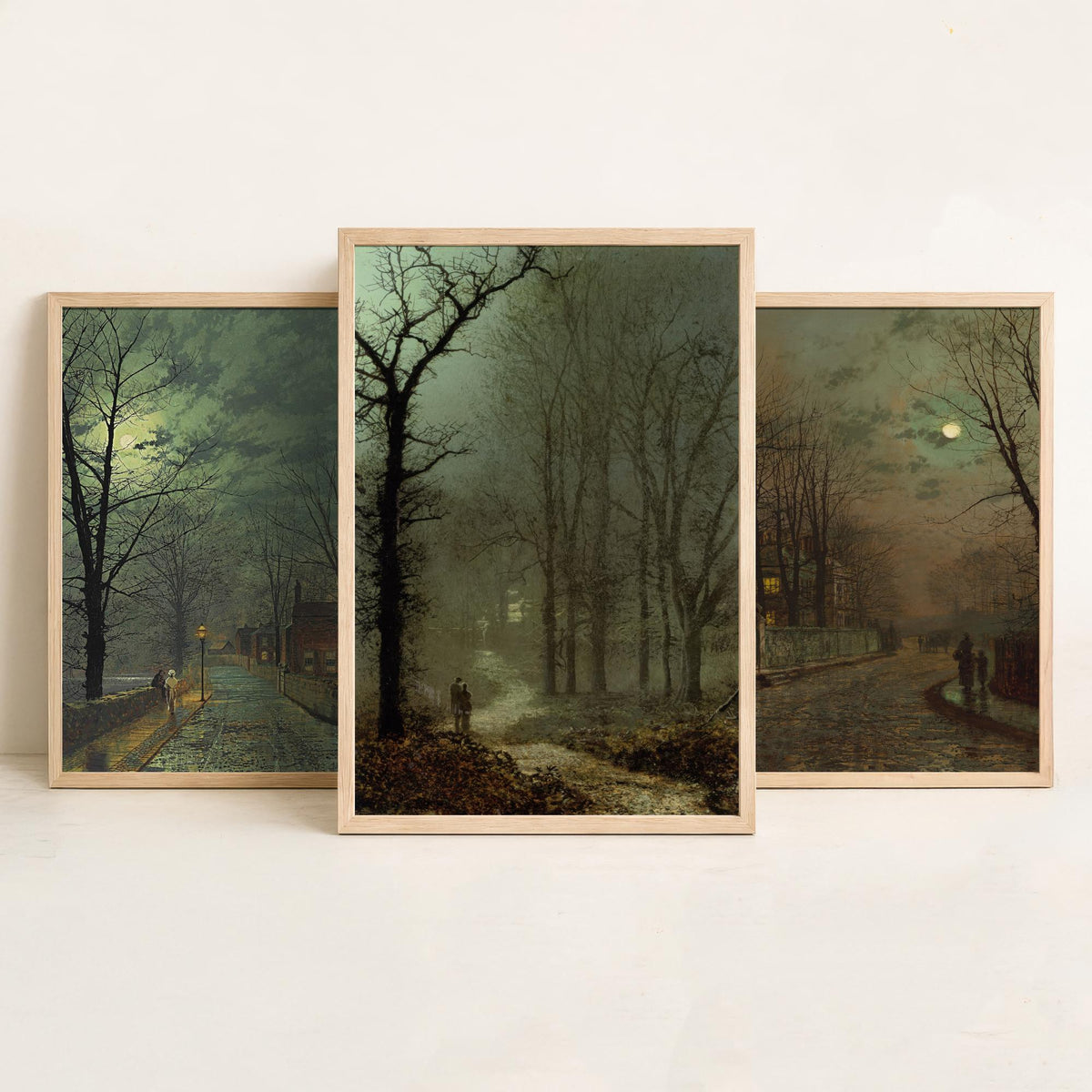 John Atkinson Grimshaw Set of Three Art Prints - Moonlit Lanes and Autumn Avenues - Victorian Nocturne Painting Poster