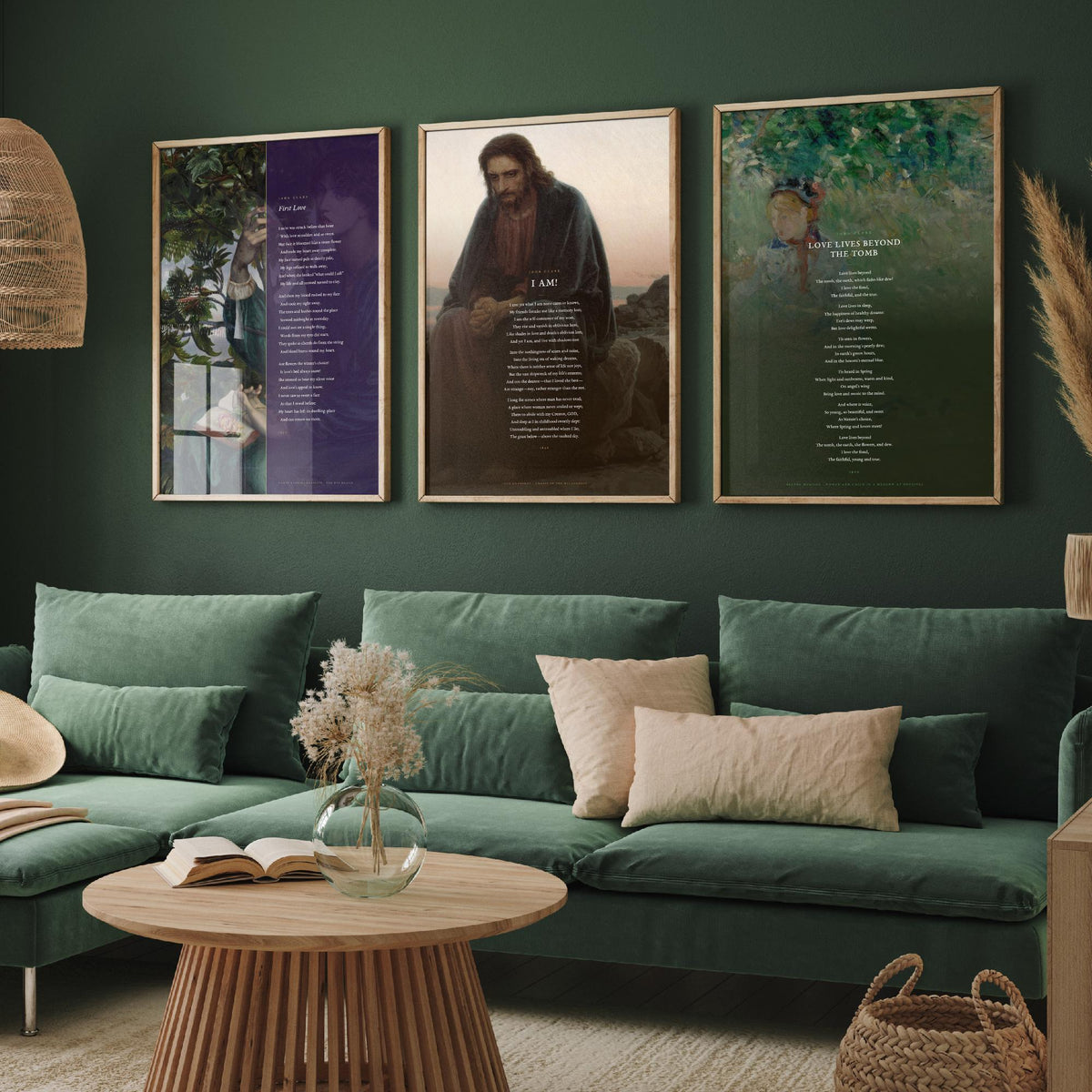 John Clare Poems Set of Three Art Prints - First Love, I Am, Love Lives Beyond the Tomb - Full Poems over Classic Paintings - Poetry Poster