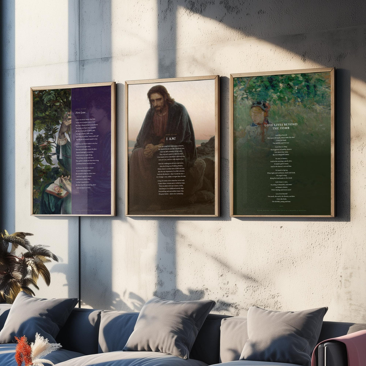John Clare Poems Set of Three Art Prints - First Love, I Am, Love Lives Beyond the Tomb - Full Poems over Classic Paintings - Poetry Poster