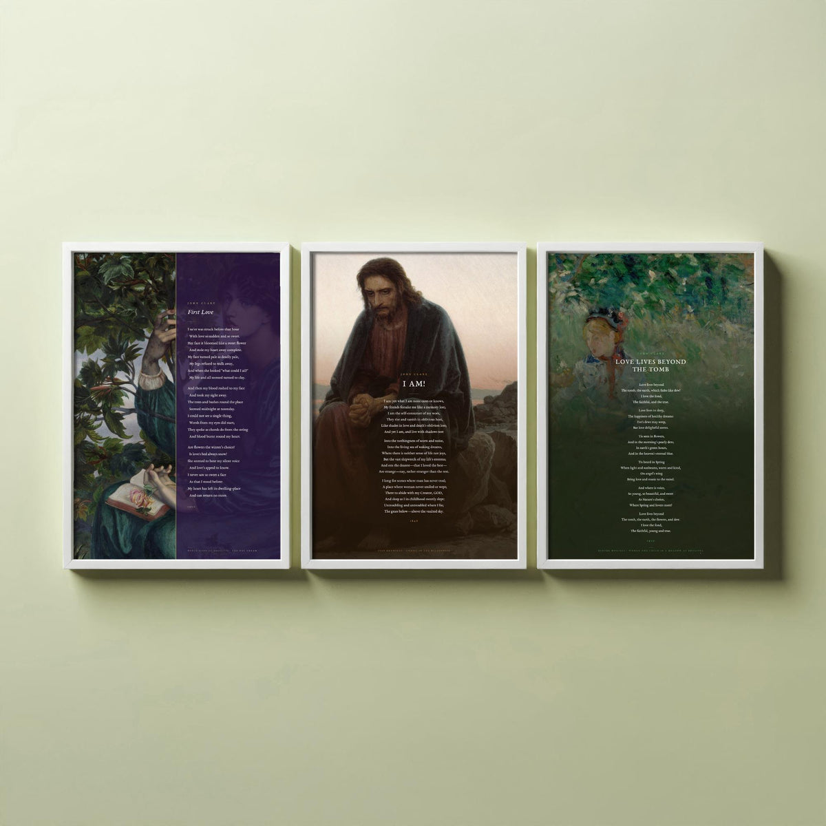 John Clare Poems Set of Three Art Prints - First Love, I Am, Love Lives Beyond the Tomb - Full Poems over Classic Paintings - Poetry Poster