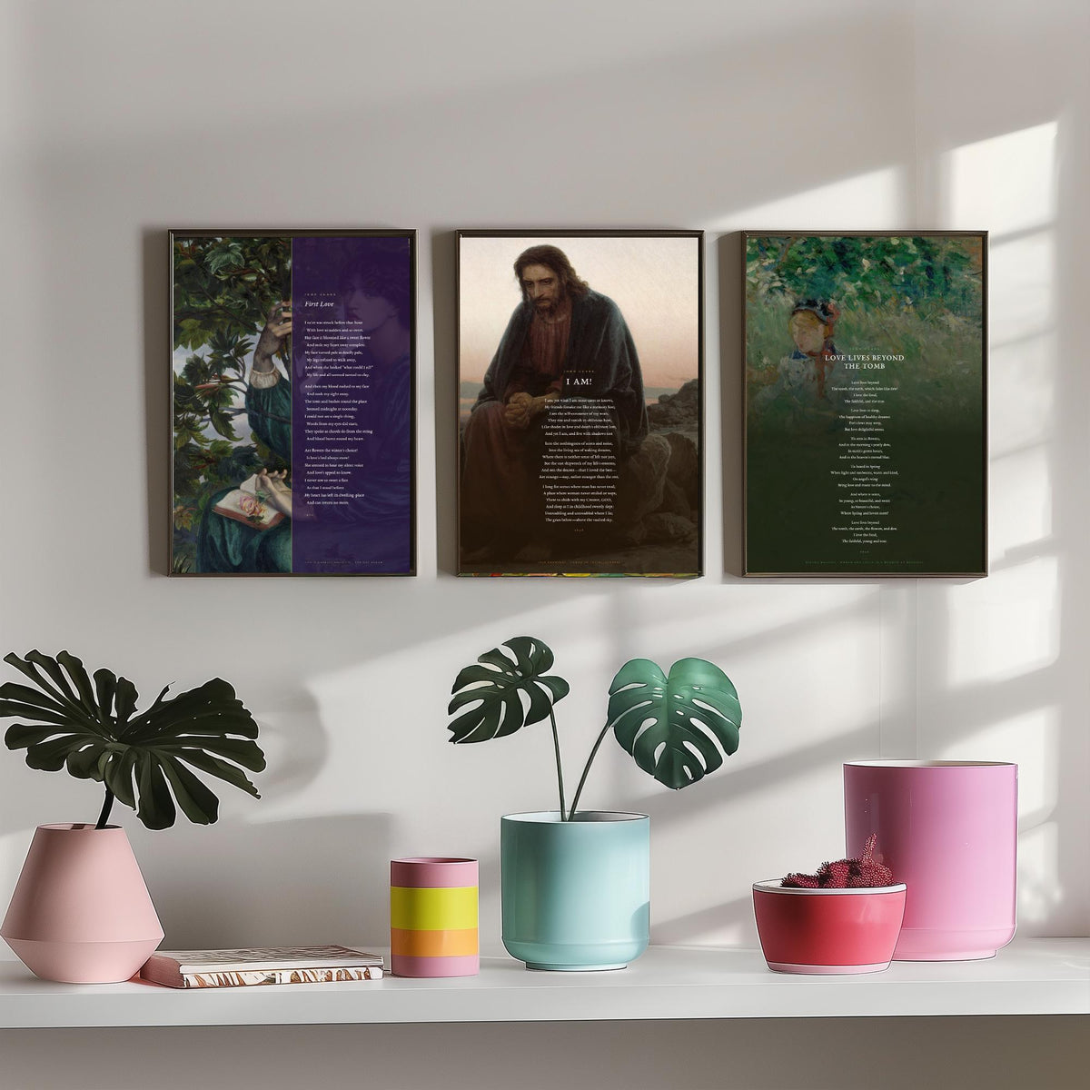John Clare Poems Set of Three Art Prints - First Love, I Am, Love Lives Beyond the Tomb - Full Poems over Classic Paintings - Poetry Poster