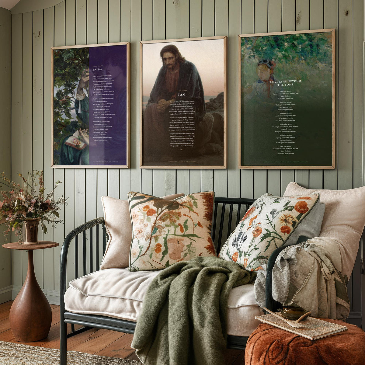 John Clare Poems Set of Three Art Prints - First Love, I Am, Love Lives Beyond the Tomb - Full Poems over Classic Paintings - Poetry Poster
