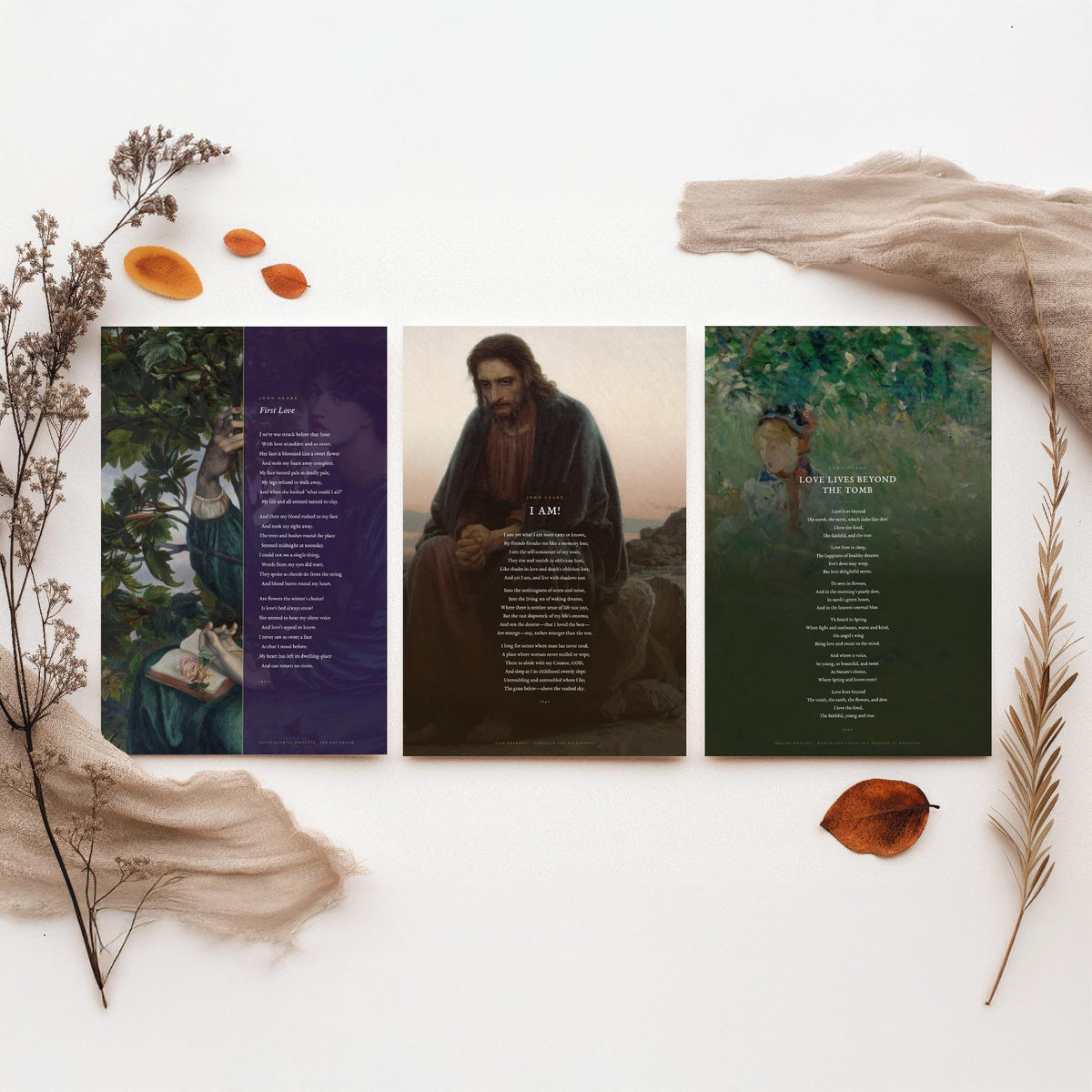 John Clare Poems Set of Three Art Prints - First Love, I Am, Love Lives Beyond the Tomb - Full Poems over Classic Paintings - Poetry Poster