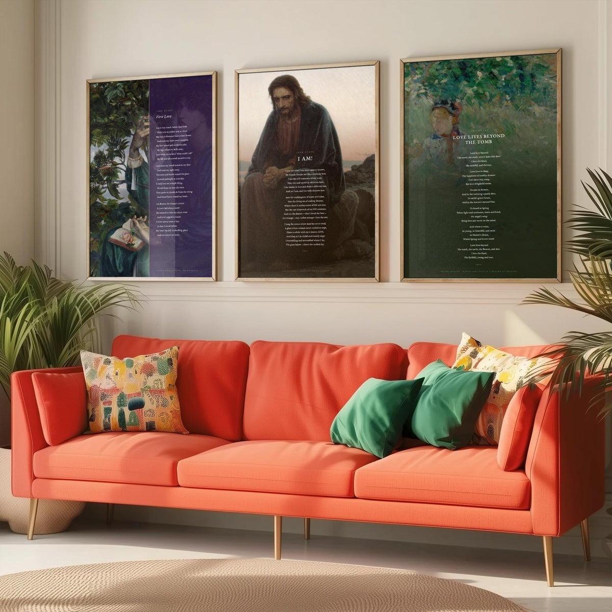 John Clare Poems Set of Three Art Prints - First Love, I Am, Love Lives Beyond the Tomb - Full Poems over Classic Paintings - Poetry Poster