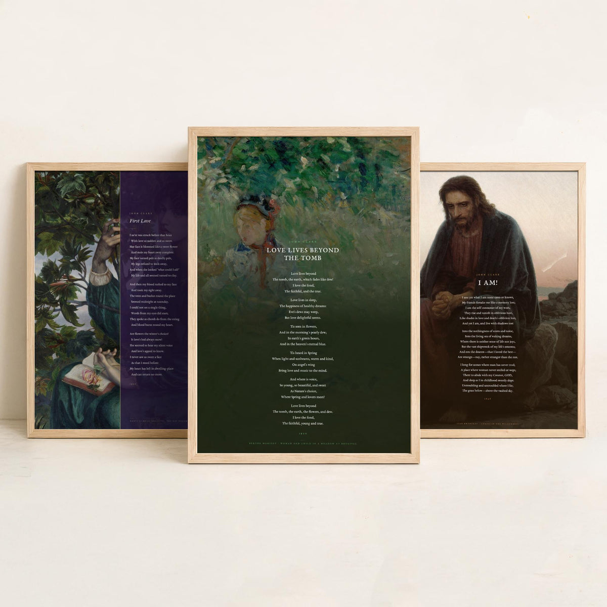 John Clare Poems Set of Three Art Prints - First Love, I Am, Love Lives Beyond the Tomb - Full Poems over Classic Paintings - Poetry Poster