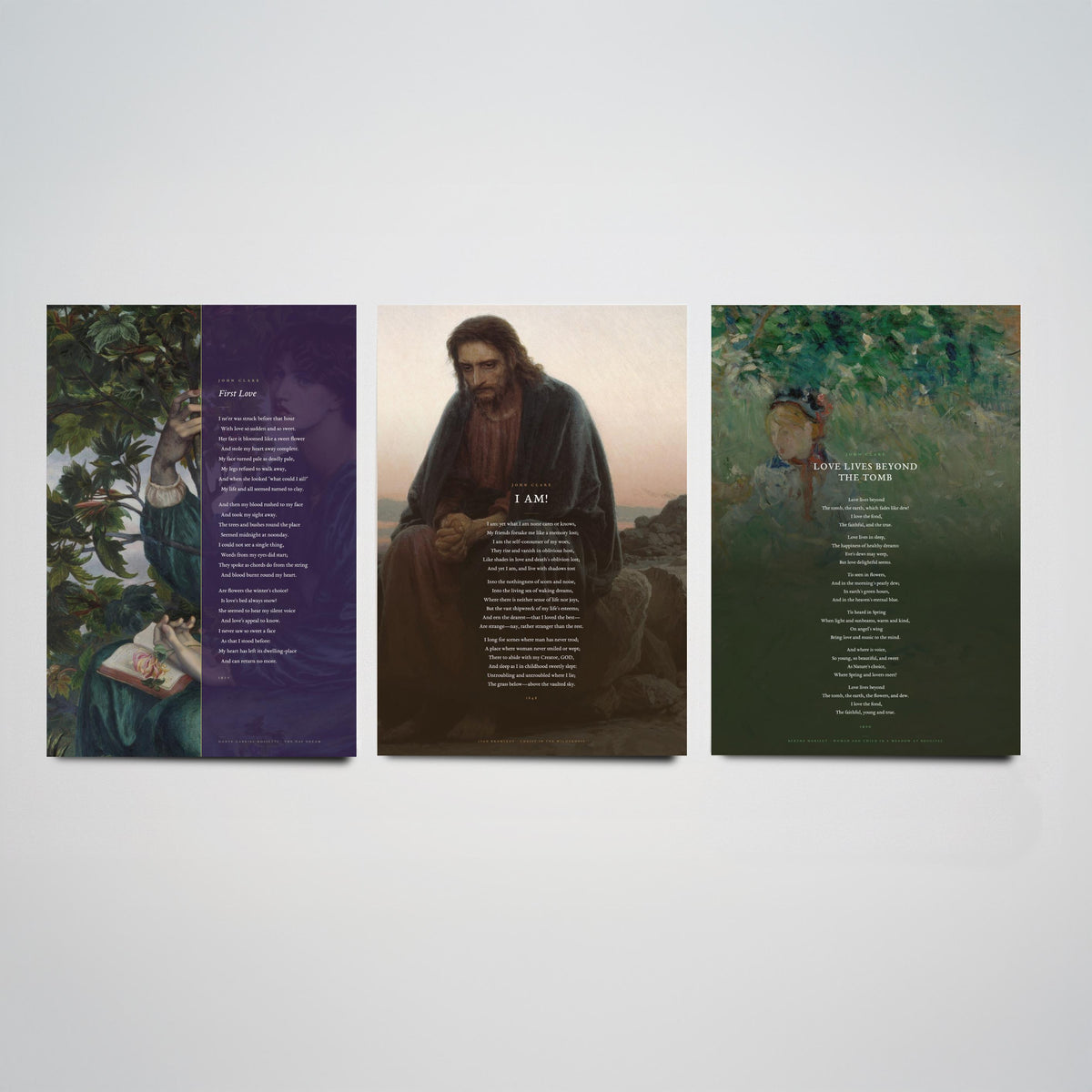 John Clare Poems Set of Three Art Prints - First Love, I Am, Love Lives Beyond the Tomb - Full Poems over Classic Paintings - Poetry Poster