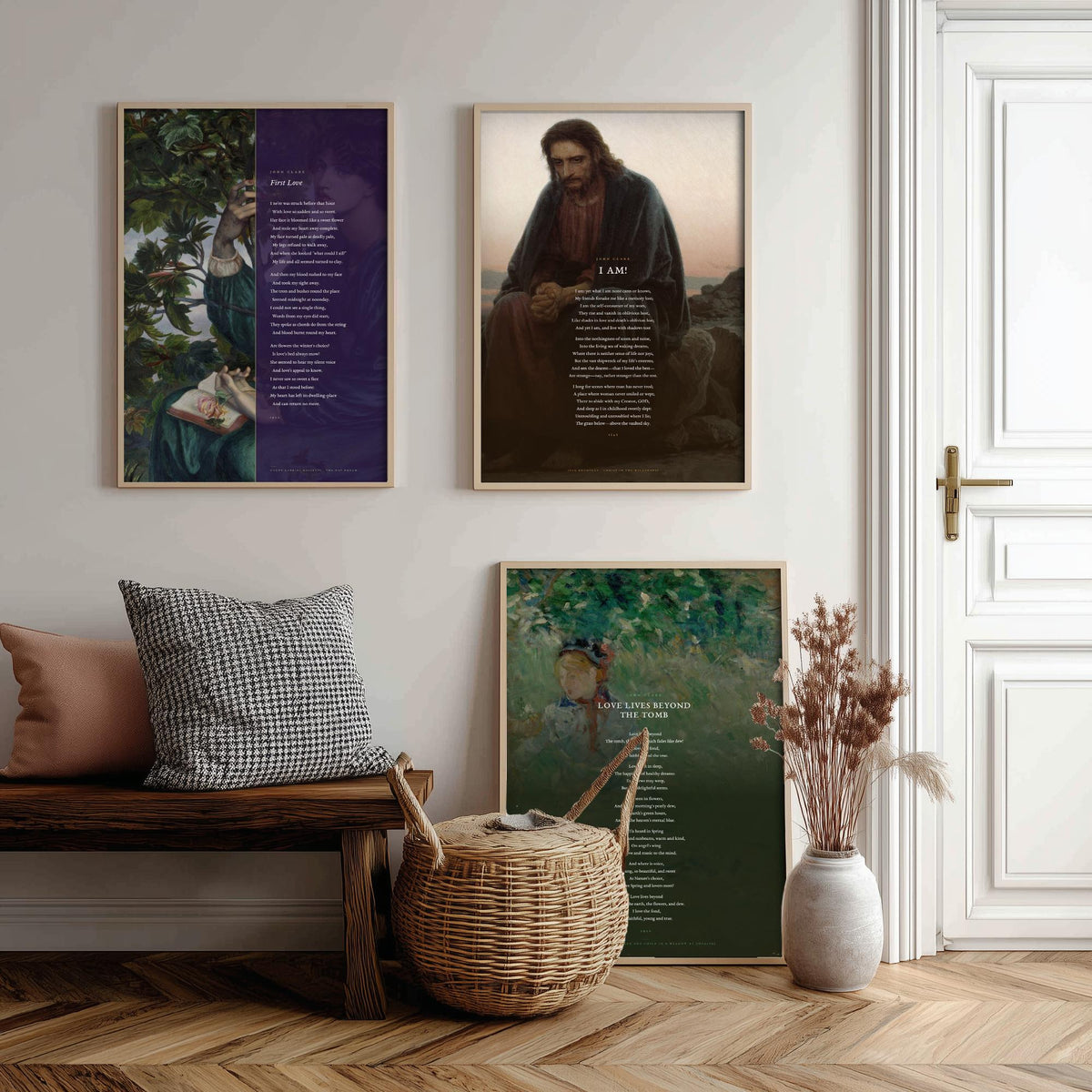 John Clare Poems Set of Three Art Prints - First Love, I Am, Love Lives Beyond the Tomb - Full Poems over Classic Paintings - Poetry Poster