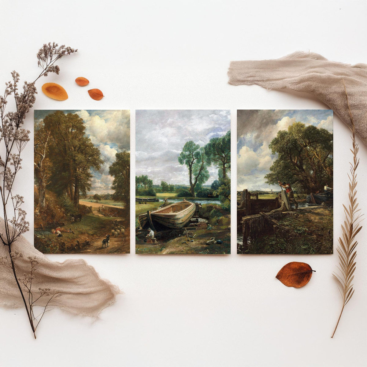 John Constable Set of Three Art Prints - The Cornfield, Boat Building near Flatford Mill, The Lock - English Landscape Painting Poster